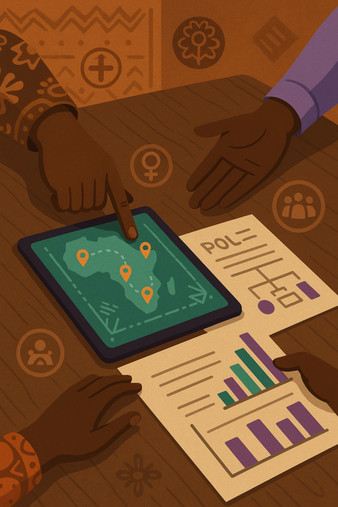 Illustration of African hands reviewing policy documents and a digital map of Africa for health system planning and advocacy