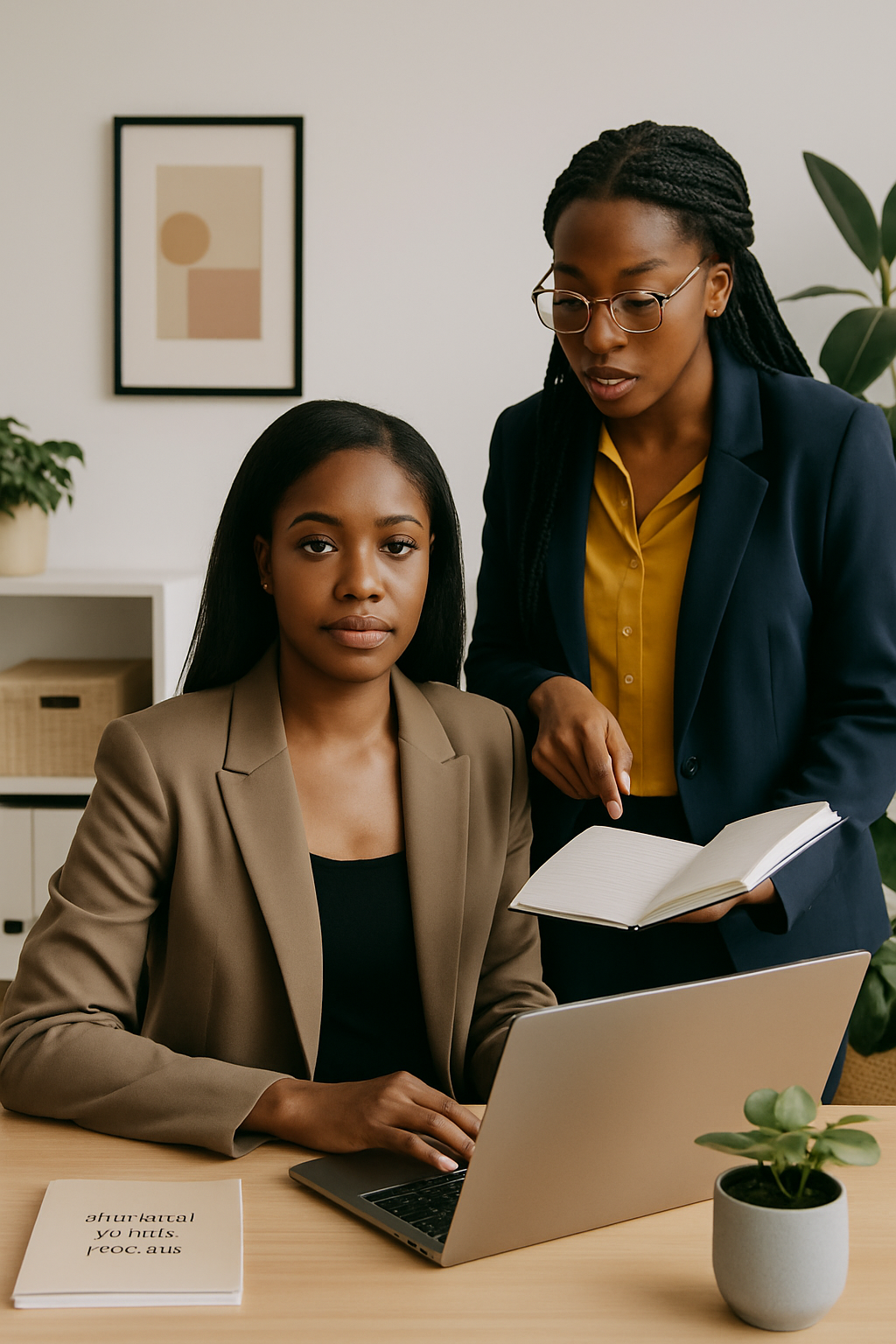 Two African women collaborating at a desk, representing women-led wellness consulting at HerWell