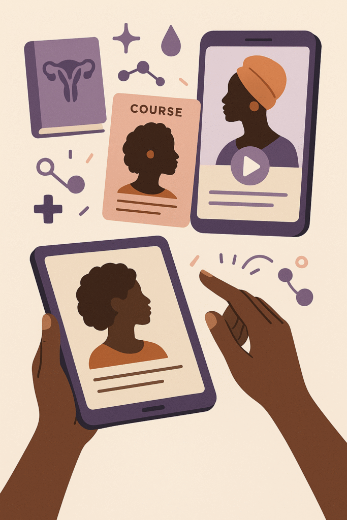 Illustration of African women’s hands using a tablet and smartphone to access hormonal health courses and wellness content