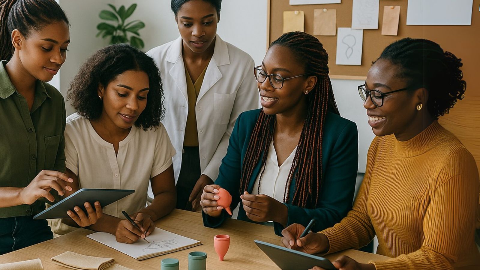 Five African women of different ages collaborating around menstrual product prototypes in a bright innovation studio.