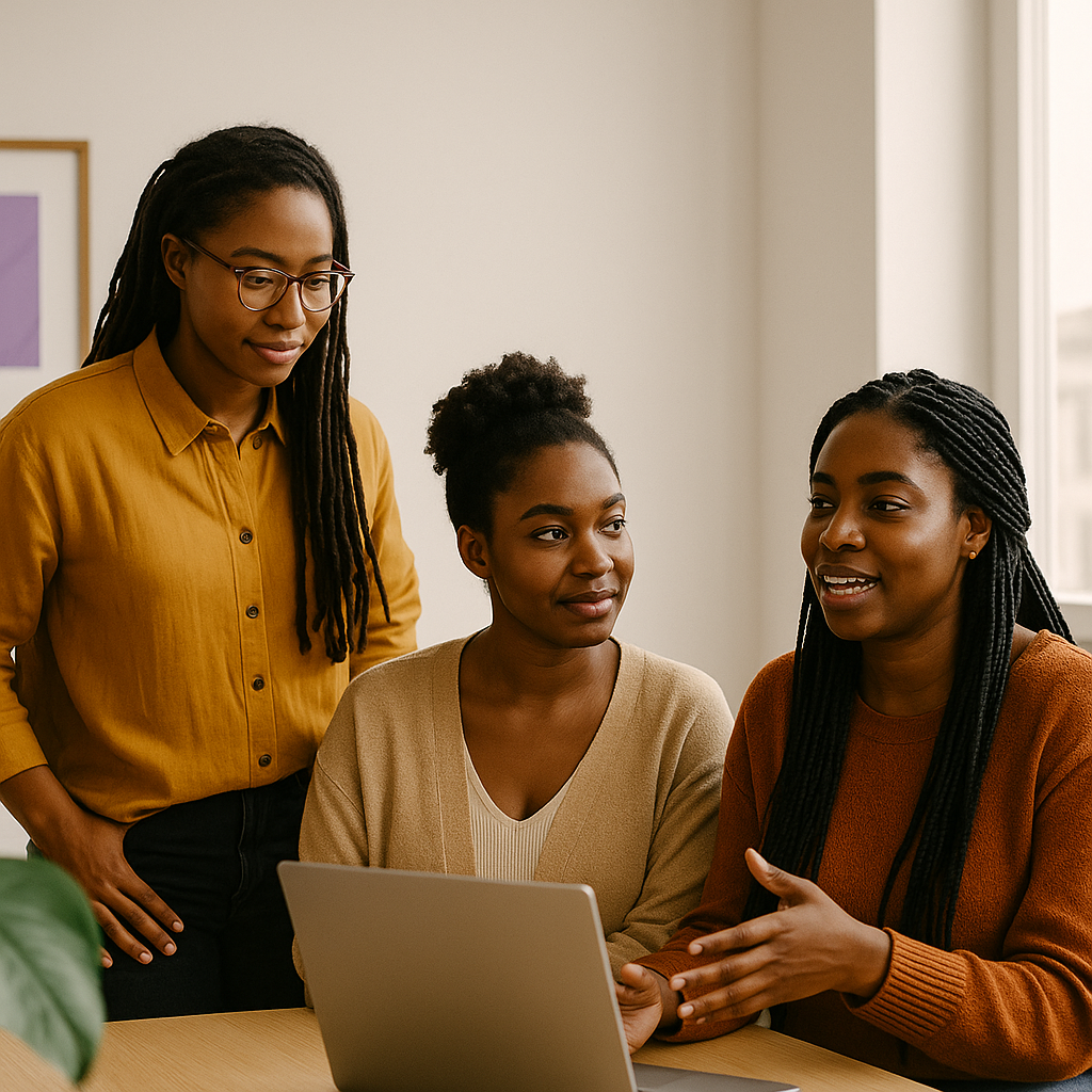 African health consultants reviewing menstrual and menopause wellness program strategies in a modern office setting.