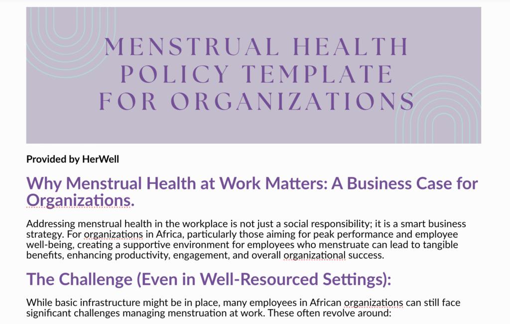 Picture of the first page of a menstrual health policy for the workplace