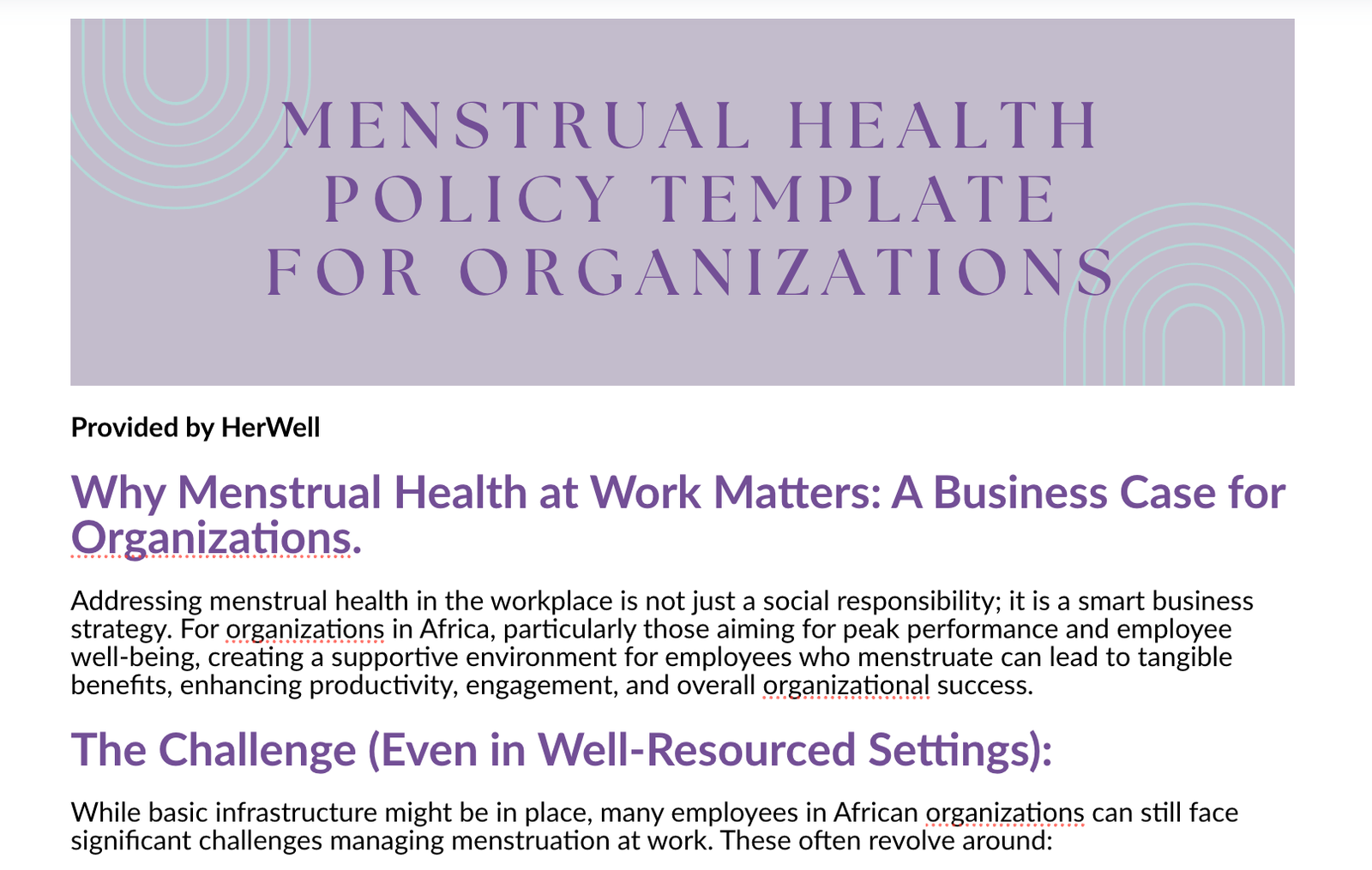 Picture of the first page of a menstrual health policy for the workplace