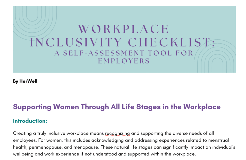 A branded cover page of the HerWell Workplace Inclusivity Checklist, a downloadable self-assessment tool to help organizations evaluate how they support menstrual health, menopause, and women's wellbeing at work.