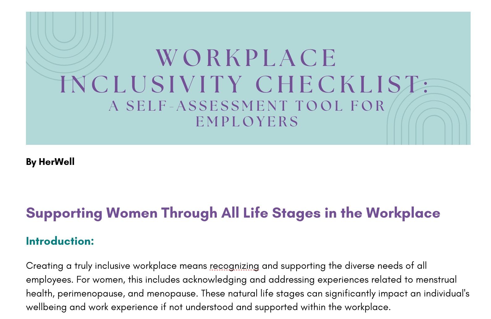 A branded cover page of the HerWell Workplace Inclusivity Checklist, a downloadable self-assessment tool to help organizations evaluate how they support menstrual health, menopause, and women's wellbeing at work.